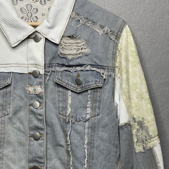 Pol Distressed Patchwork Denim Jacket With Lace & Waffle Knit Sleeves S - Picture 2 of 9